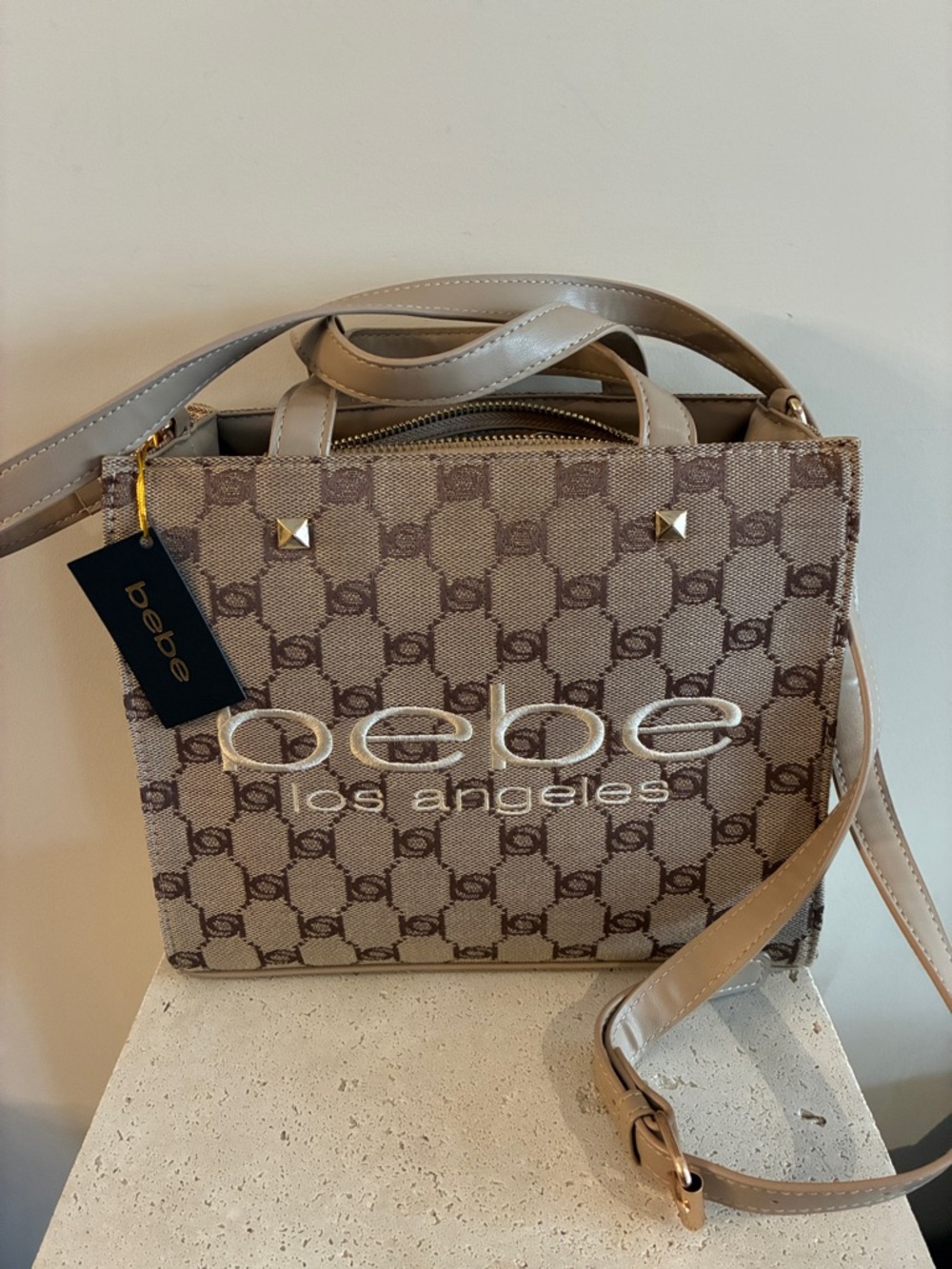 bebe Taupe Logo Canvas Crossbody Bag NEW purse beige gold accents classy